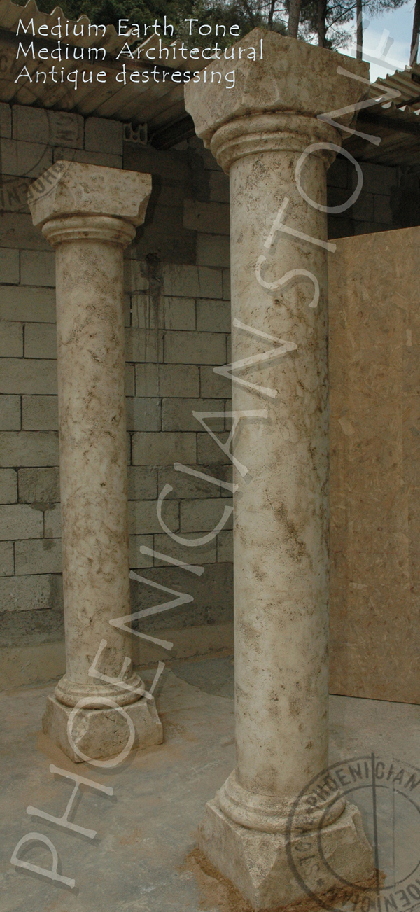 You are looking at new hand carved columns with a medium earth patina and a medium architectural antique destressed finish